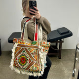 Boho patchwork embroidered duffle bag in white