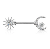 Silver barbell with star and moon designs on a white background