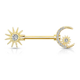Gold barbell with sun and moon designs on a white background