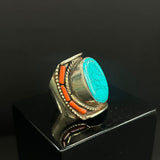 Handcrafted chunky Nepalese silver rings with turquoise stones, ethical artisan jewellery