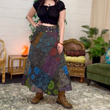 Nepalese Patchwork Maxi Wrap Skirt Denim Acid Wash