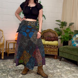 Nepalese Patchwork Maxi Wrap Skirt Denim Acid Wash Blue Patchwork